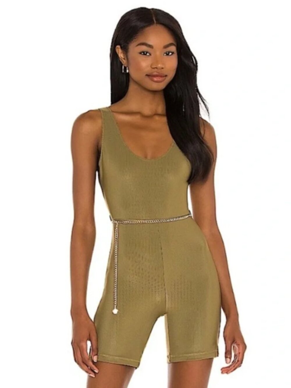 We Wore What Scoop Ribbed Romper Green Belted NWT Size Medium Athleisure Sporty